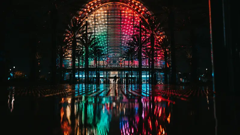 The ARTIC transit center in Anaheim lit up at night