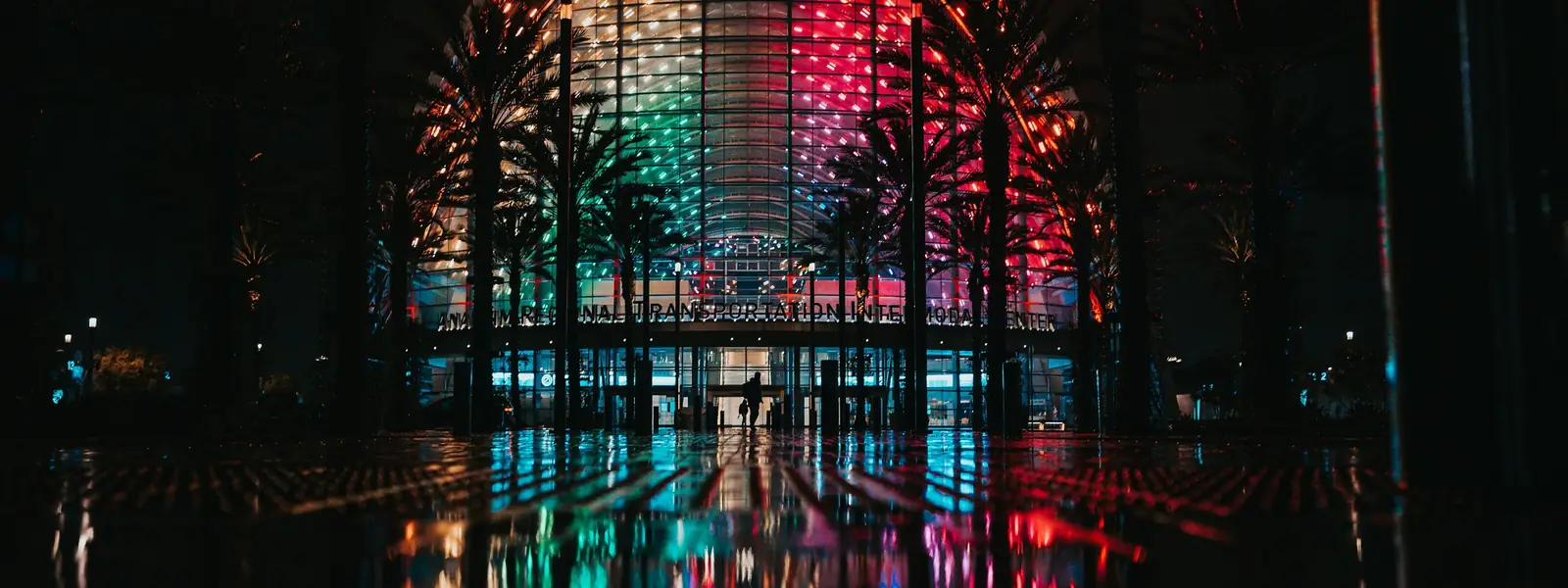 The ARTIC transit center in Anaheim lit up at night