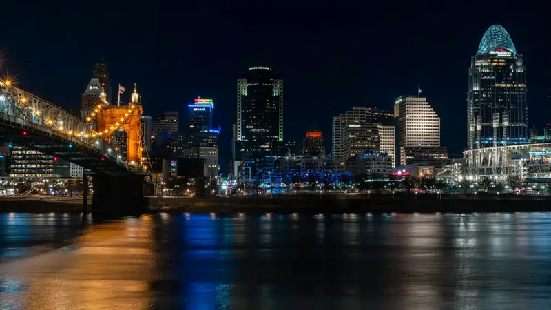 Cincinnati skyline and the Roebling Bridge at night
