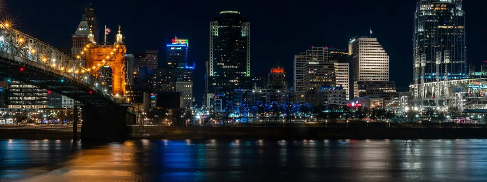 Cincinnati skyline and the Roebling Bridge at night