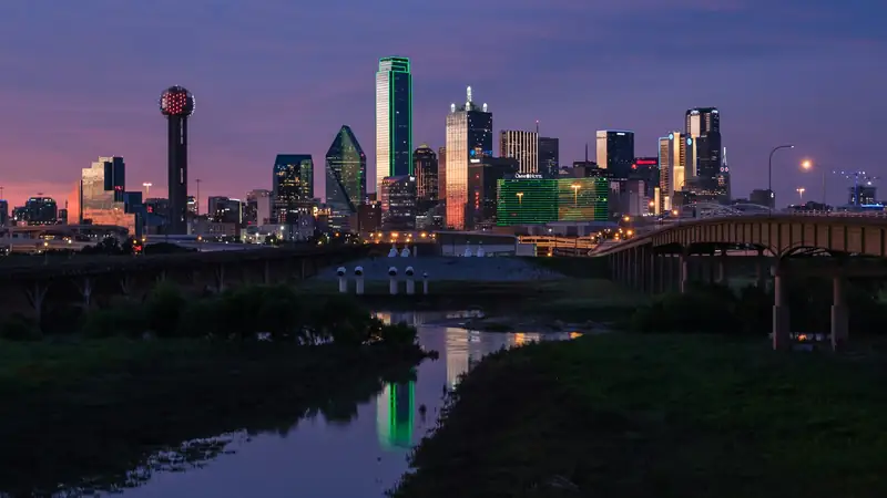 Dallas skyline at dusk from the Trinity River