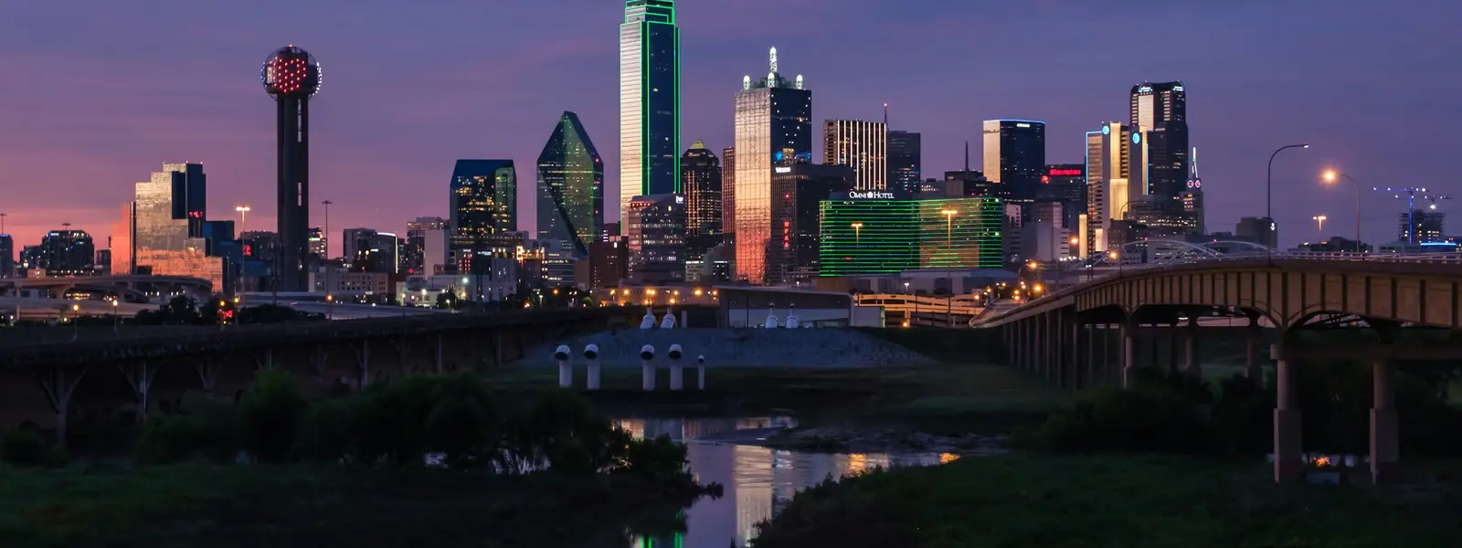 Dallas skyline at dusk from the Trinity River