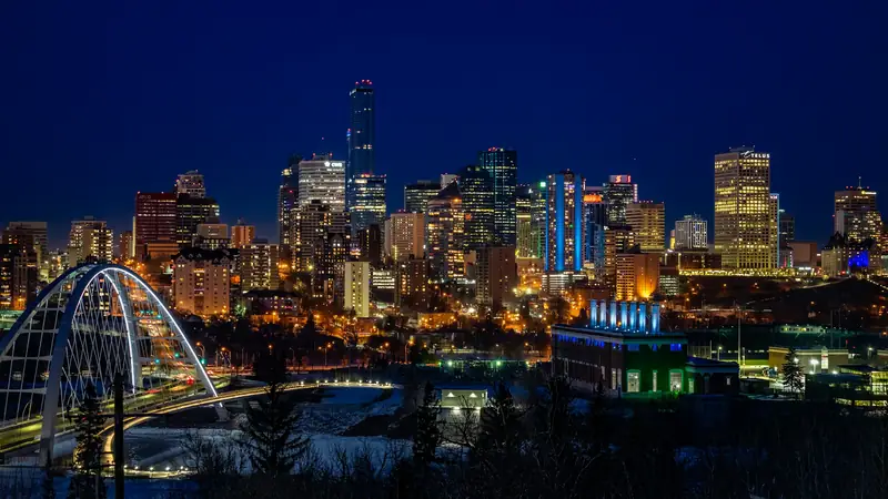 Edmonton skyline at night with the Walterdale Bridge