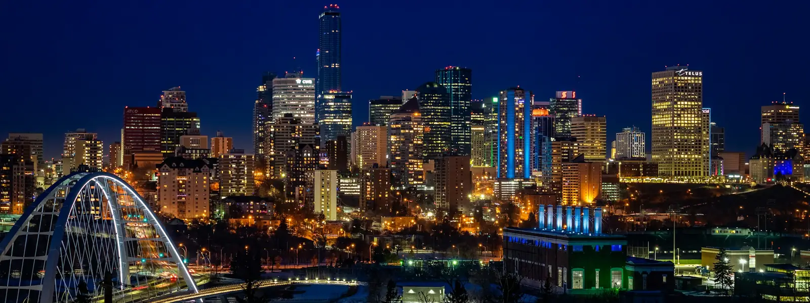 Edmonton skyline at night with the Walterdale Bridge