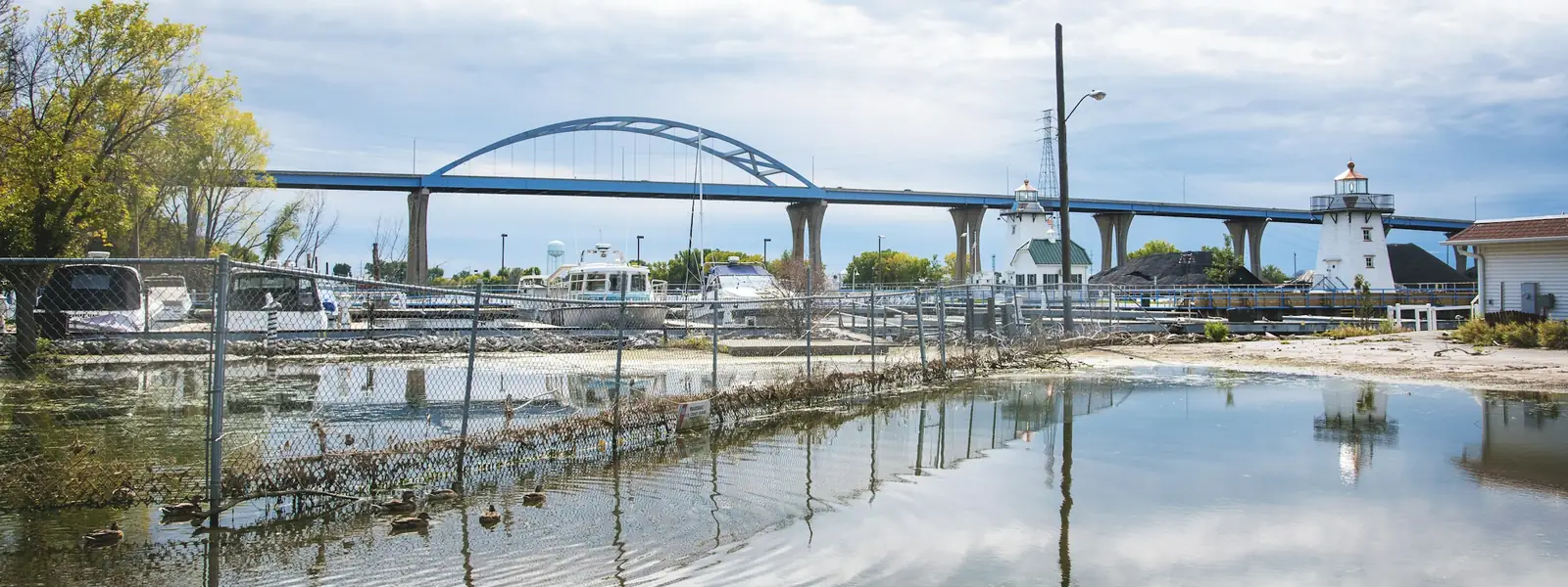 A bridge and a lighthouse on the Green Bay waterfront