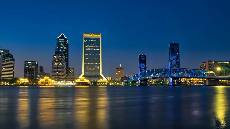 Jacksonville skyline across the St. Johns River at twilight