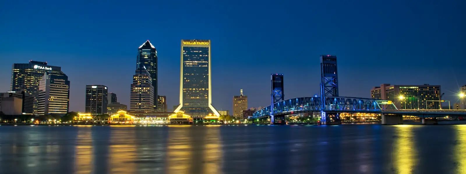 Jacksonville skyline across the St. Johns River at twilight