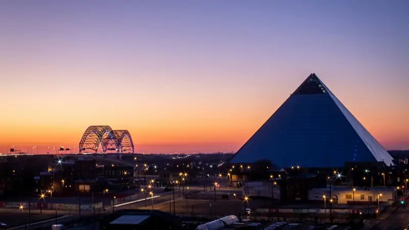 Memphis at sunset with the pyramid and the Hernando de Soto Bridge