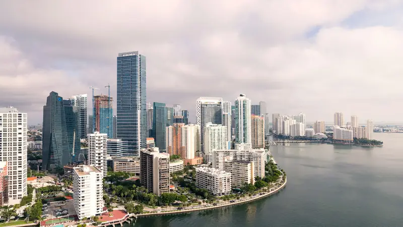Aerial view of downtown Miami and Brickell on Biscayne Bay