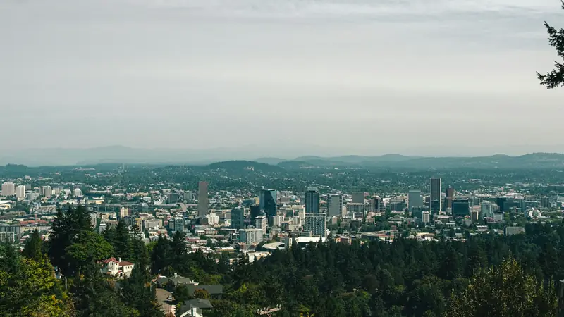 Portland, Oregon, seen from the hills on a hazy day