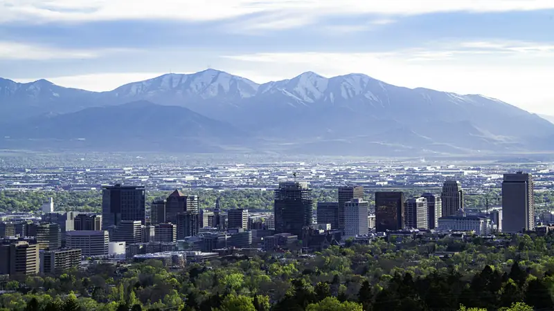 Salt Lake City skyline below the Wasatch mountains