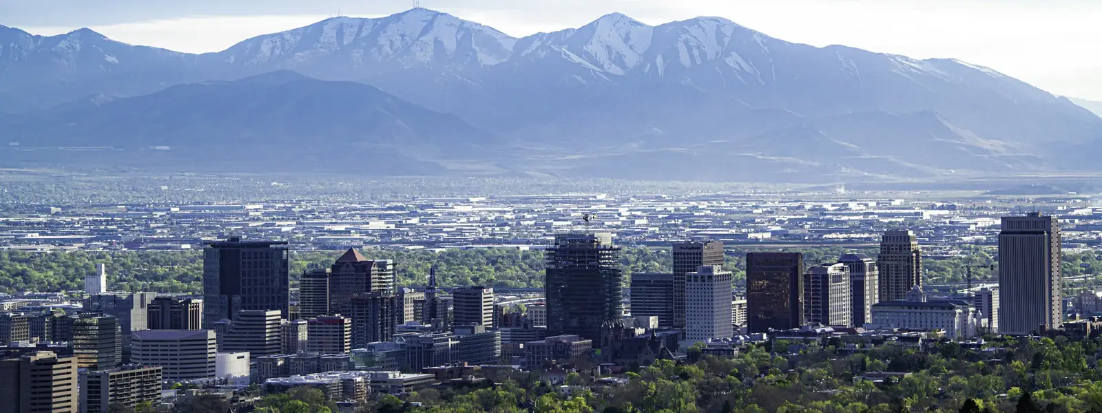 Salt Lake City skyline below the Wasatch mountains