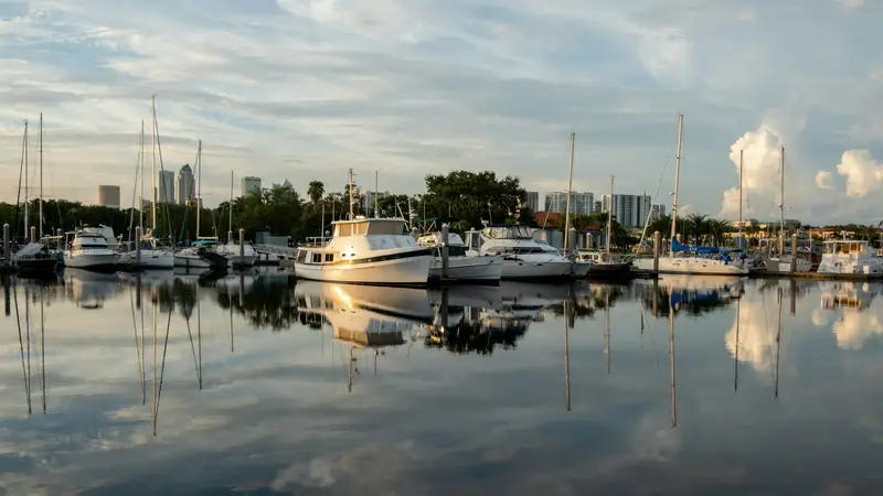 Boats in a St. Petersburg harbor with the skyline behind