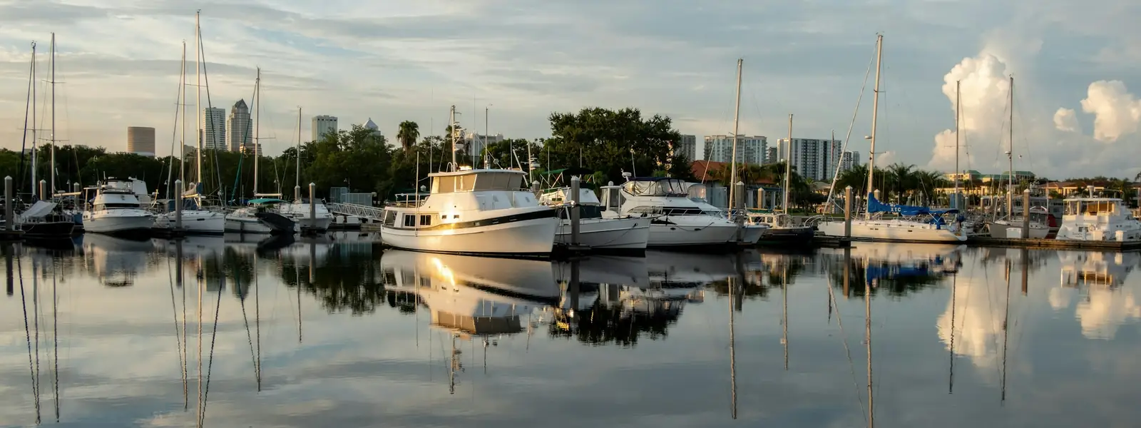 Boats in a St. Petersburg harbor with the skyline behind