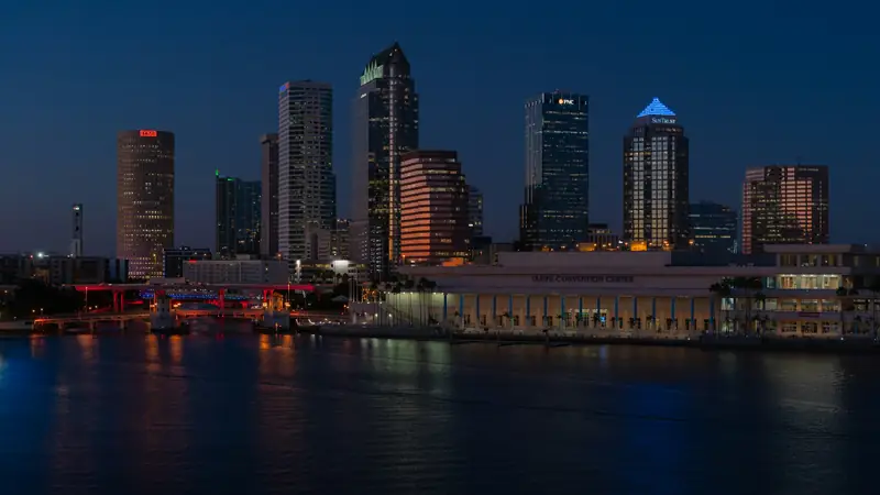 Tampa skyline across the water at dusk