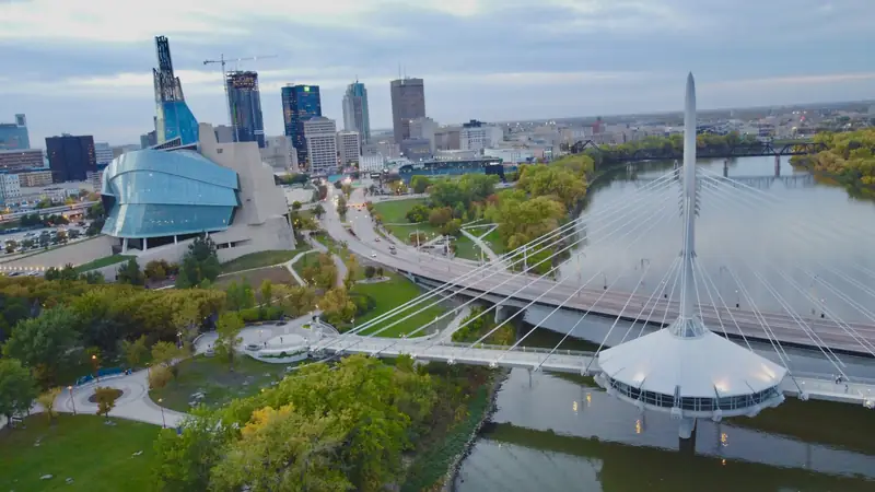 Downtown Winnipeg with the Esplanade Riel bridge and the human rights museum