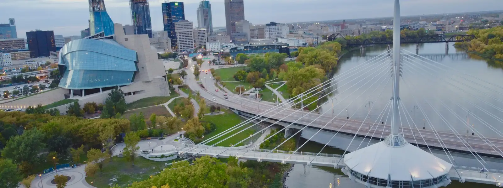 Downtown Winnipeg with the Esplanade Riel bridge and the human rights museum
